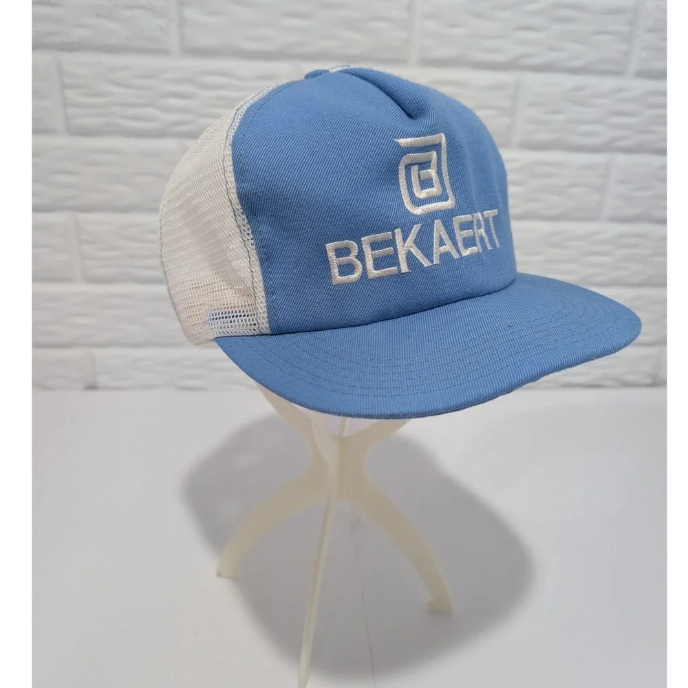 Vintage Bekaert Trucker Hat Blue White Mesh Made in USA Adjustable Snapback Cap